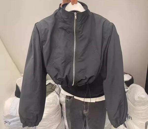 Women Fashion Drawstring Zip Up Jacket