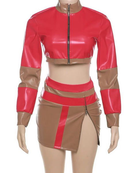 Women Sexy Faux Leather Color Patchwork Zip Up Crop Jacket Two Piece Skirt Set