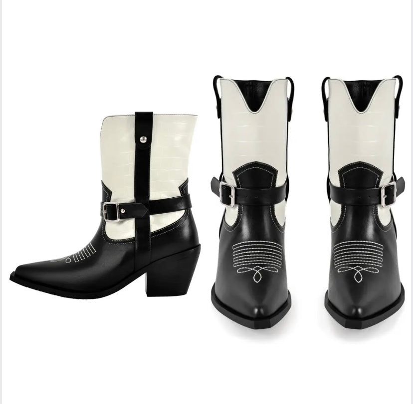 Women Fashion Color Patchwork Faux Leather Buckled Western Ankle Boots