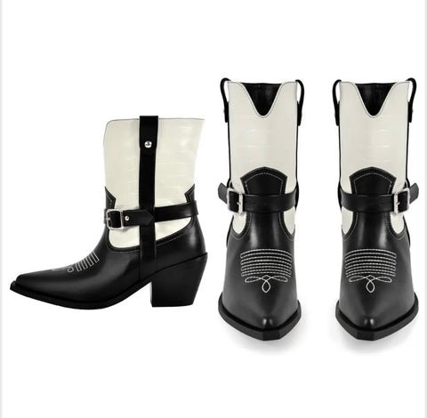 Women Fashion Color Patchwork Faux Leather Buckled Western Ankle Boots