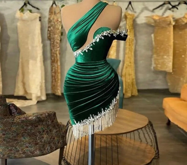 Women Sexy Green One Shoulder Rhinestone Tassel Dress