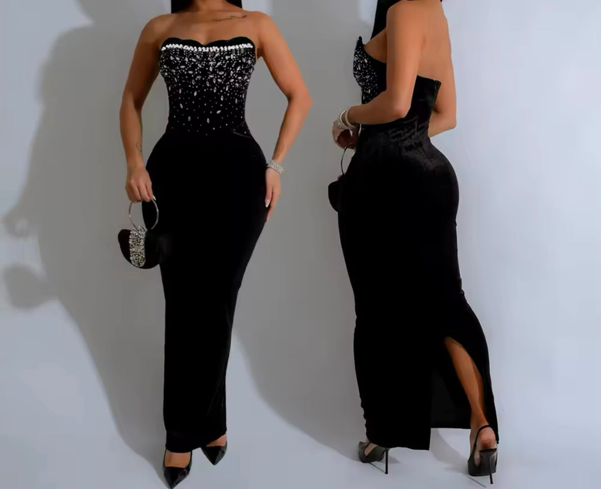 Women Sexy Bling Strapless Velour Maxi Dress