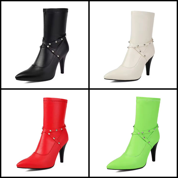 Women Color Pointed Toe Criss-Cross Rivet High Heel Ankle Boots