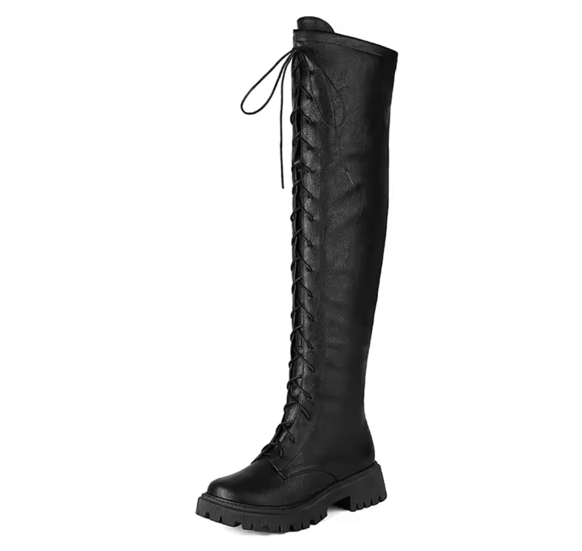 Women Color Fashion Faux Leather Flat Lace Up Knee High Boots