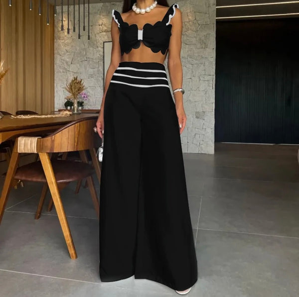 Women Sexy Ruffled Sleeveless Two Piece Wide Leg Pant Set