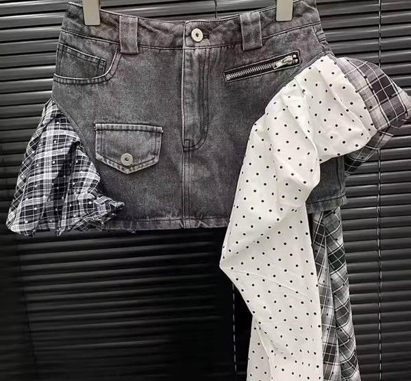 Women Fashion Polka Dot Plaid Denim Skirt