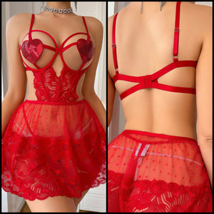 Women Sexy Red Heart Lace Mesh Lingerie Set