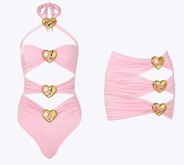 Women Sexy Halter Heart Cut Out Swimsuit Cover Up Set