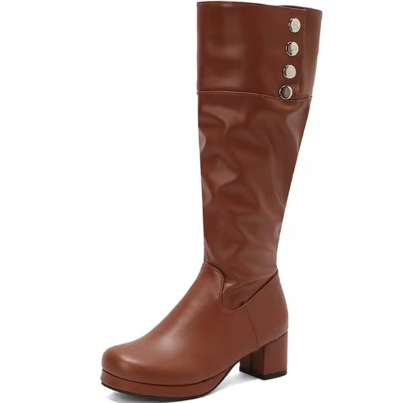 Women Color Button Fashion Faux Leather Knee High Boots