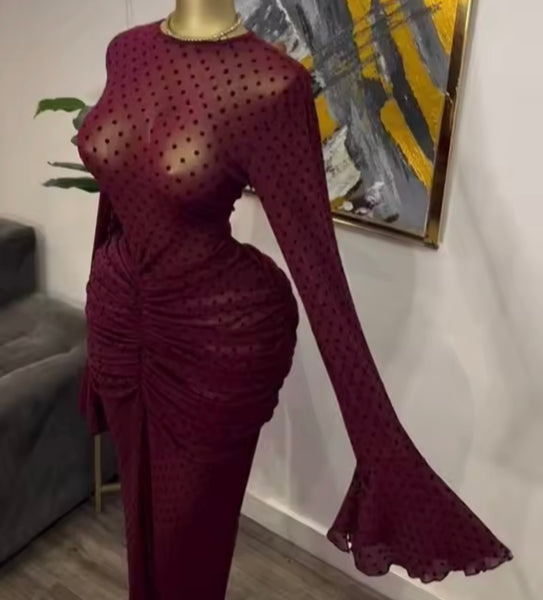 Women Sexy See Through Full Sleeve Burgundy Maxi Dress