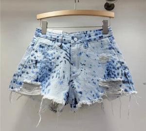 Women Fashion Ripped Color Tie Dye Denim Shorts