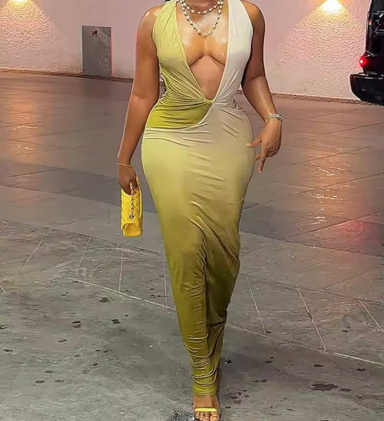 Women Sexy Deep V-Neck Sleeveless Gradient Maxi Dress