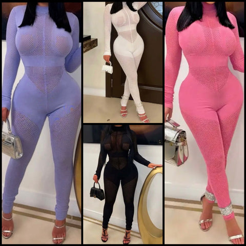 Women Sexy Full Sleeve Mesh Patchwork Jumpsuit