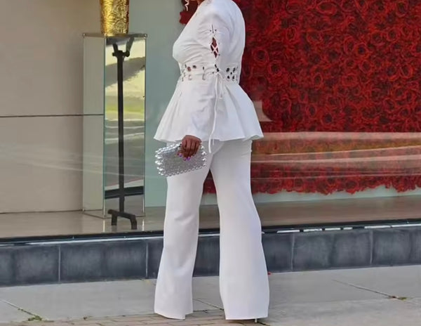 Women Full Sleeve Metal Hollow Out Blazer Two Piece Pant Set
