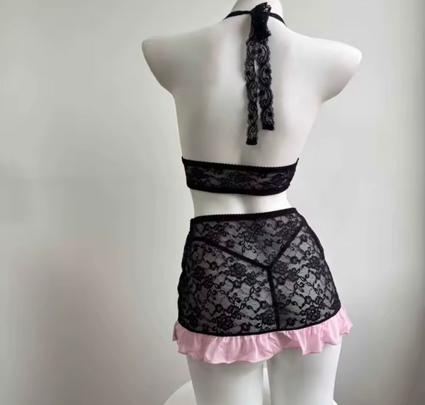 Women Sexy Lace Halter Bow Lingerie Set