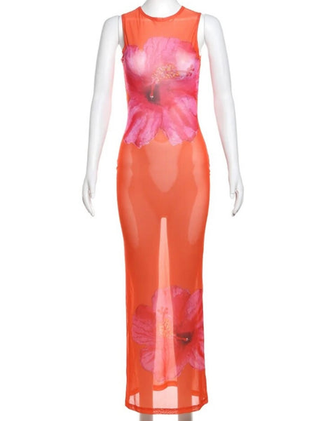 Women Orange Floral Print Sexy Sleeveless Mesh Maxi Dress