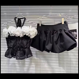 Women Sexy Strapless B&W 3D Floral Mesh Two Piece Skirt Set