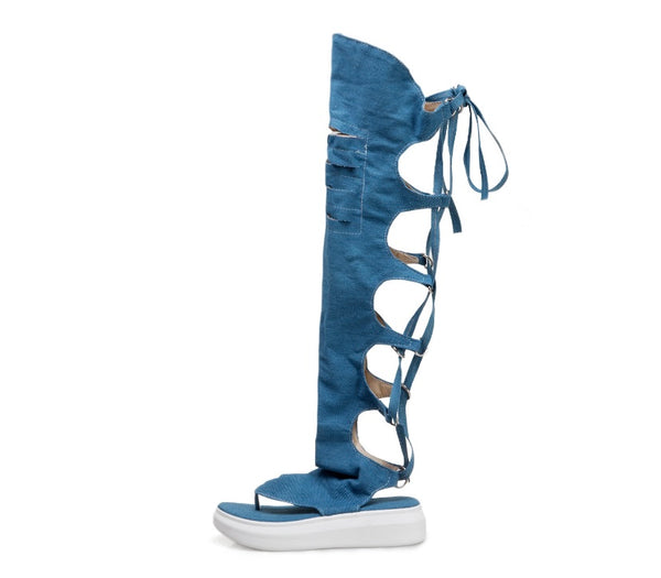 Women Fashion Open Toe Denim Lace Up Knee High Sandals