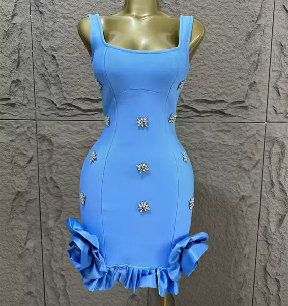 Women Sexy Sleeveless Ruffled Rhinestone Dress