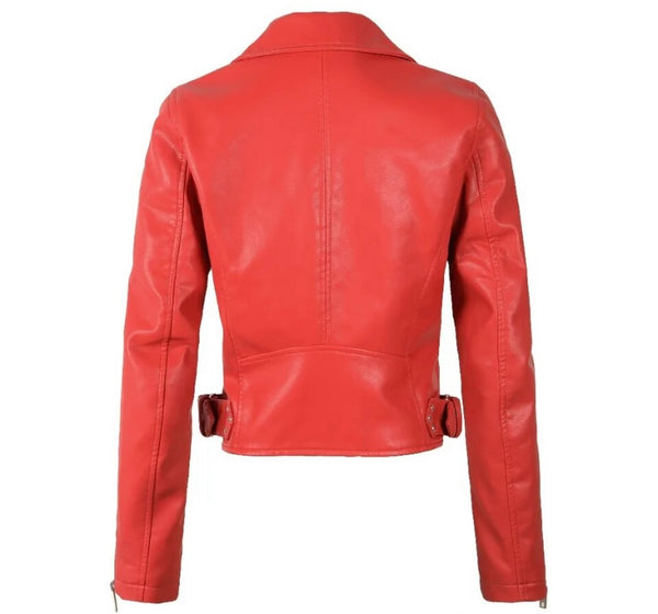 Women Color Fashion Faux Leather Jacket