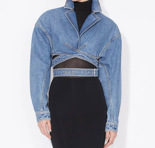 Women Fashion Denim Wrap Crop Jacket