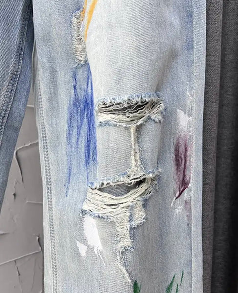 Women Fashion Color Patchwork Ripped Denim Pants