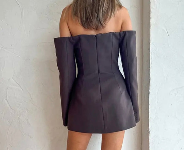 Women Sexy Off The Shoulder Button Up Full Sleeve Blazer Dress