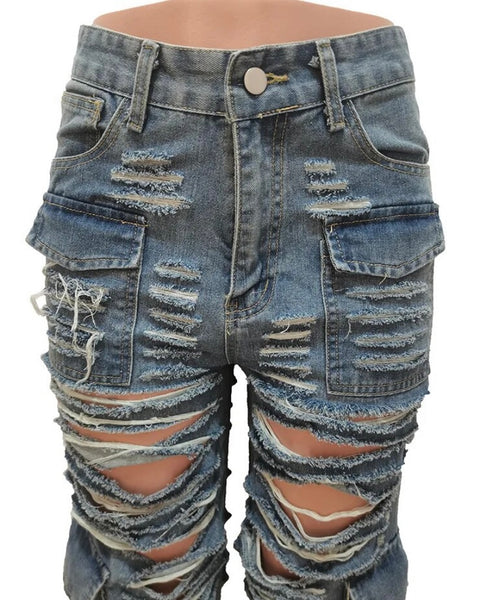 Women Fashion Ripped Cargo Denim Pants