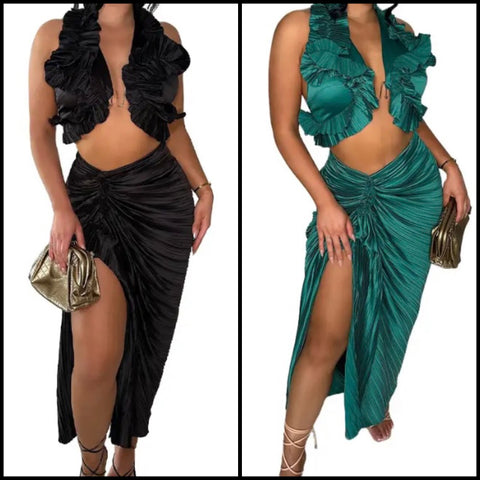 Women Sexy Satin Ruffled Two Piece Sleeveless Skirt Set