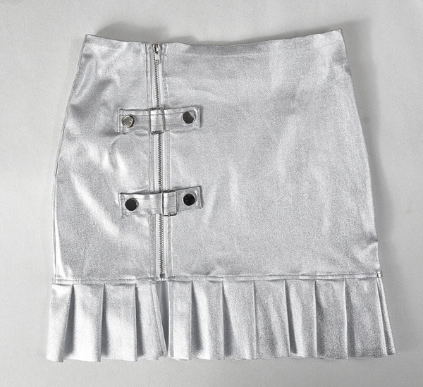 Women Sexy Silver Strapless Two Piece Pleated Skirt Set