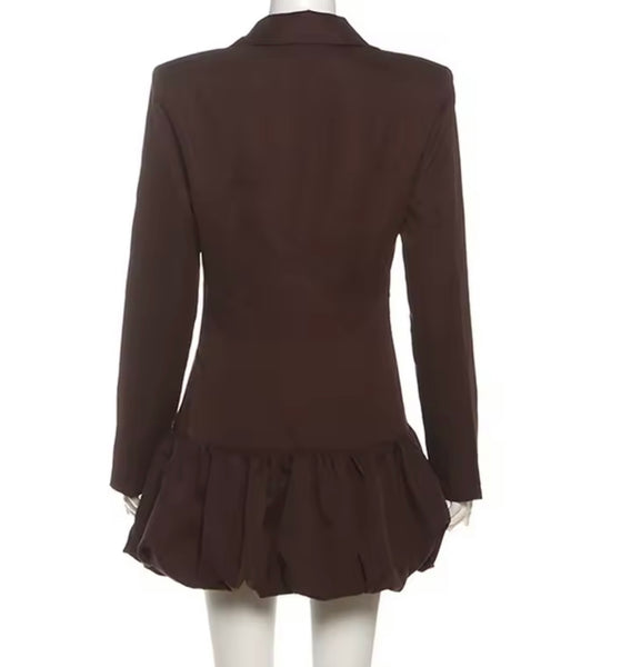 Women Sexy Brown Deep V-Neck Full Sleeve Blazer Dress