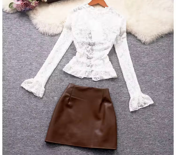 Women Sexy Fashion Lace Full Sleeve Faux Leather Two Piece Skirt Set