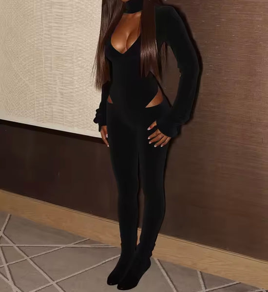 Women Choker Full Sleeve Fashion Bodysuit Two Piece Pant Set
