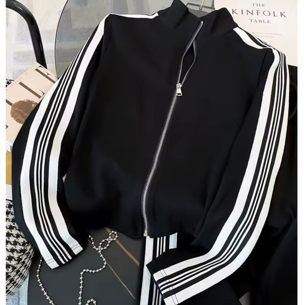 Women Zip Up Striped Fashion Tracksuit Two Piece Pant Set