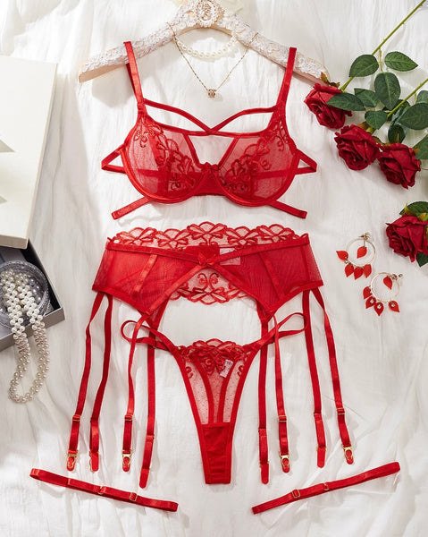 Women Red Lace Thong Lingerie Set