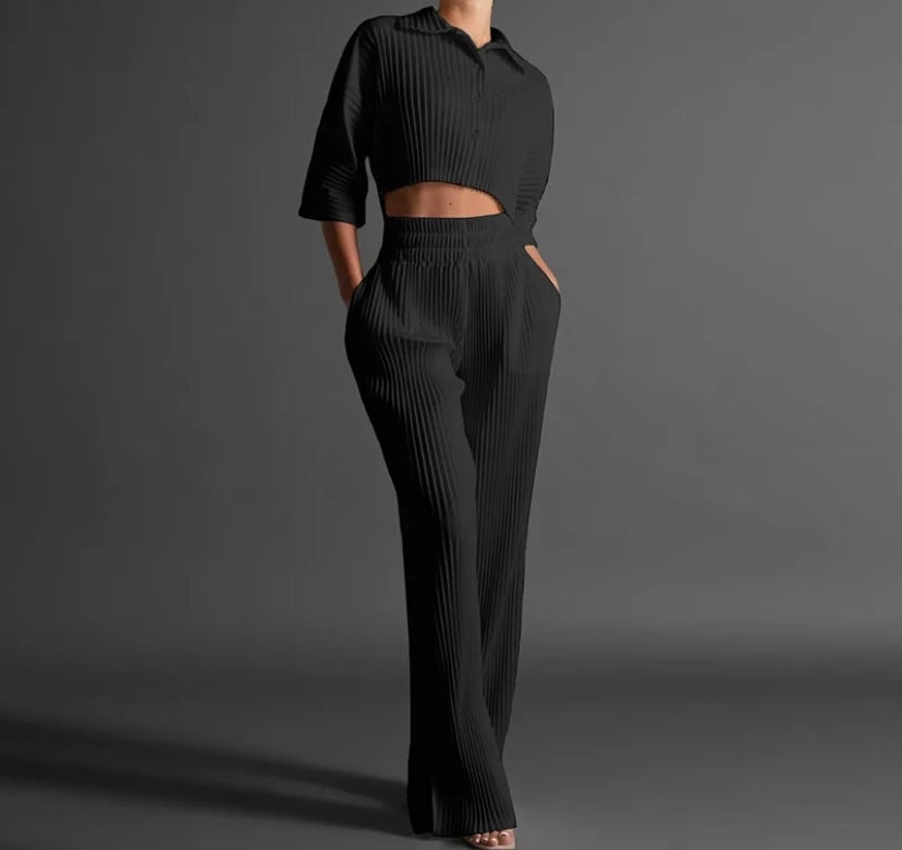 Women Sexy Solid Color Button Up Short Sleeve Crop Two Piece Pant Set