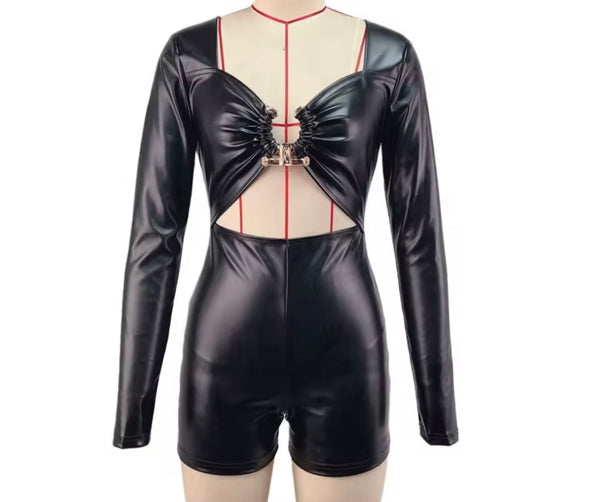 Women Sexy Fashion Black PU Metal Cut Out Full Sleeve Romper