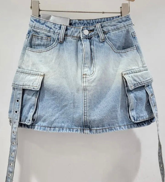 Women Fashion Pocket Gradient Denim Skirt