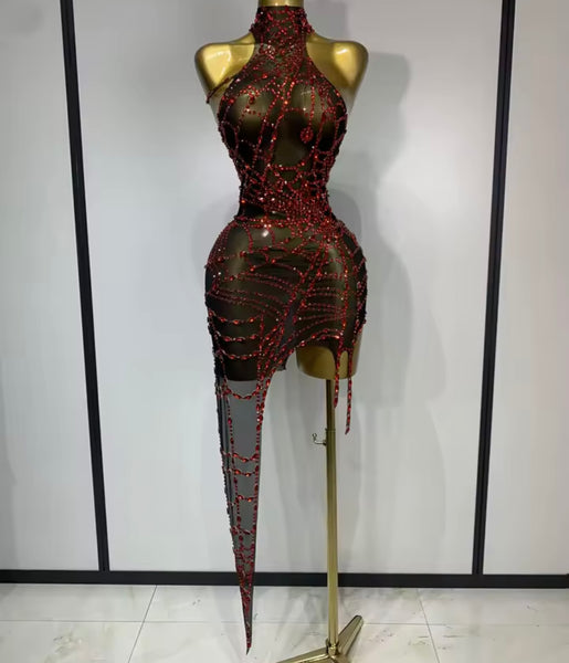 Women Sleeveless Asymmetrical Rhinestone Mesh Dress