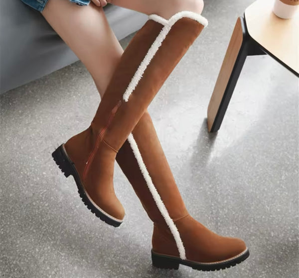 Women Wool Patchwork Fashion Flat Suede Knee High Boots