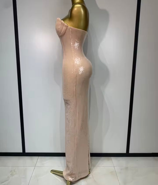 Women Sexy Pink Strapless Sequins Maxi Dress