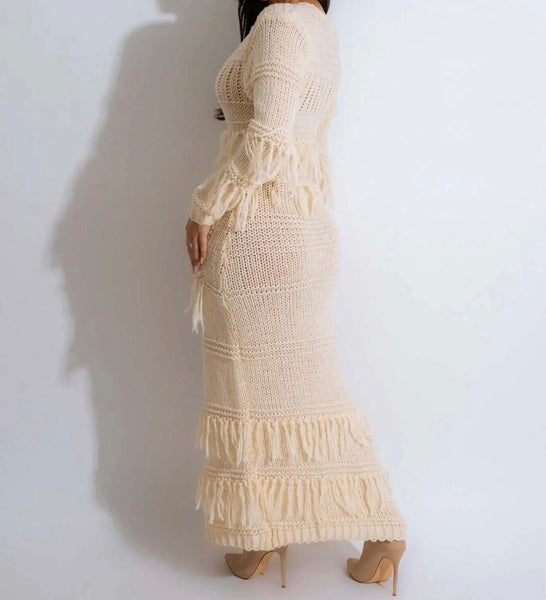 Women Sexy Button Up Full Sleeve Fringe Maxi Dress