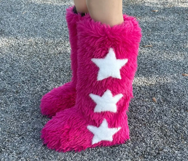 Women Fluffy Fashion Star Print Faux Fur Boots