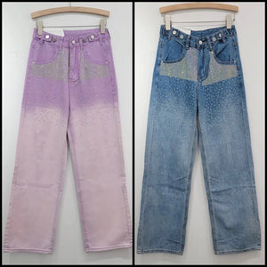 Women Color Fashion Rhinestone Patchwork Denim Pants