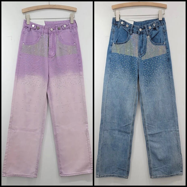 Women Color Fashion Rhinestone Patchwork Denim Pants