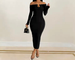 Women Sexy Solid Color Off The Shoulder Full Sleeve Maxi Dress