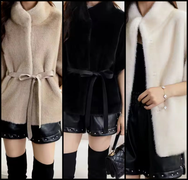 Women Fashion Warm Short Sleeve Faux Fur Belted Jacket