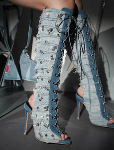 Women Fashion Open Toe Lace Up Bling Denim Knee High Boots