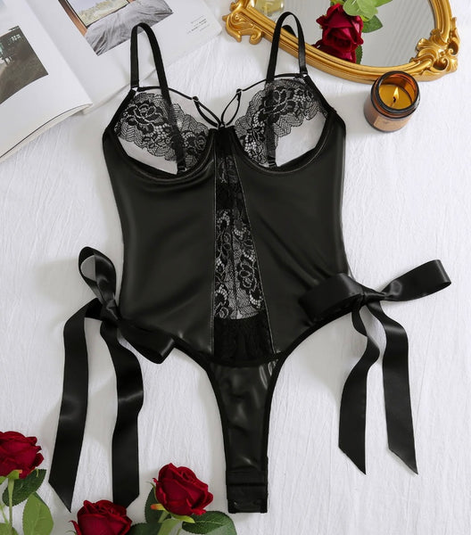 Women Black PU Sexy Bodysuit Lingerie