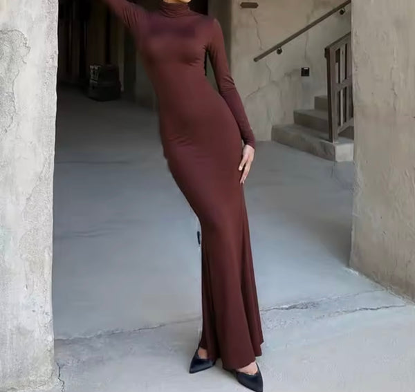 Women Sexy Brown Full Sleeve Open Back Maxi Dress